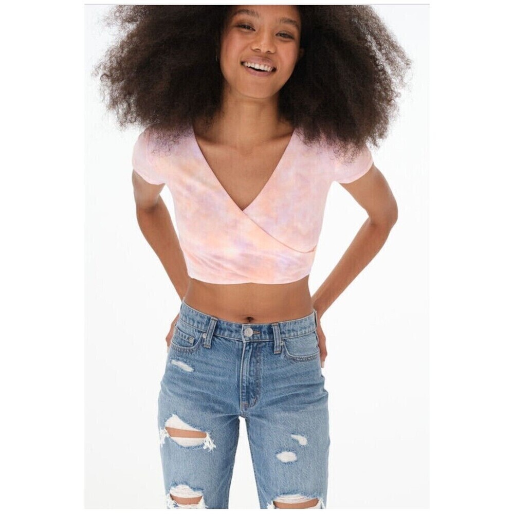 Aeropostale Tie Dye Surplice Crop Top Womens Size Medium Pink Orange Wrap V-Neck